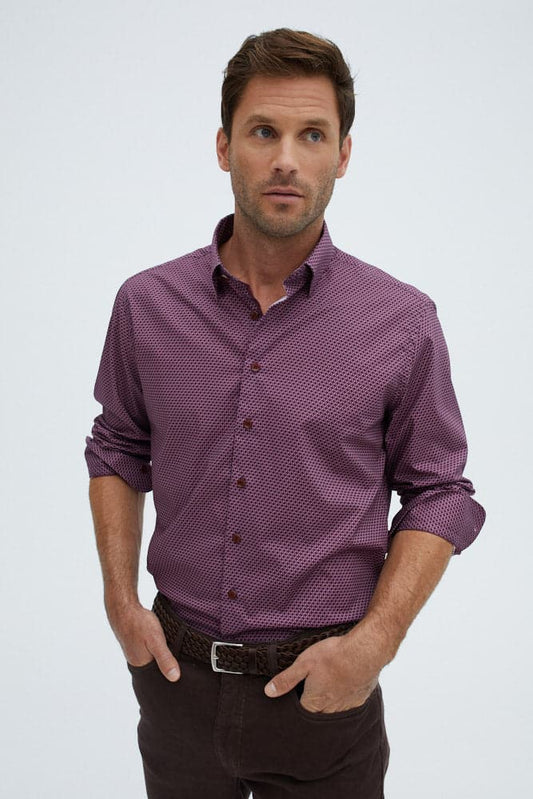 Berry Poplin Woven Geometric Print Long Sleeve Shirt