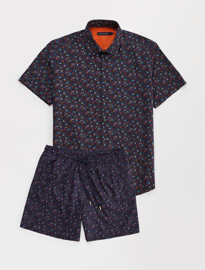 Navy Leaf Print Swim Shorts