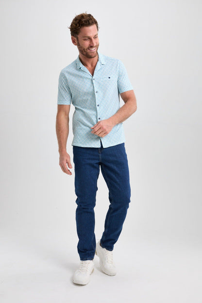 Turquoise Retro Short Sleeve Print Shirt