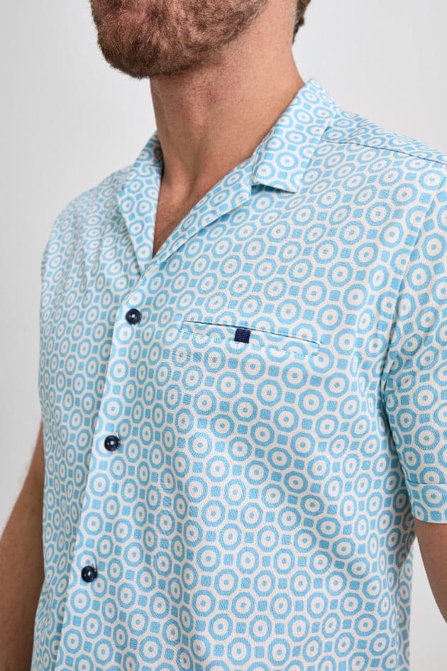 Turquoise Retro Short Sleeve Print Shirt